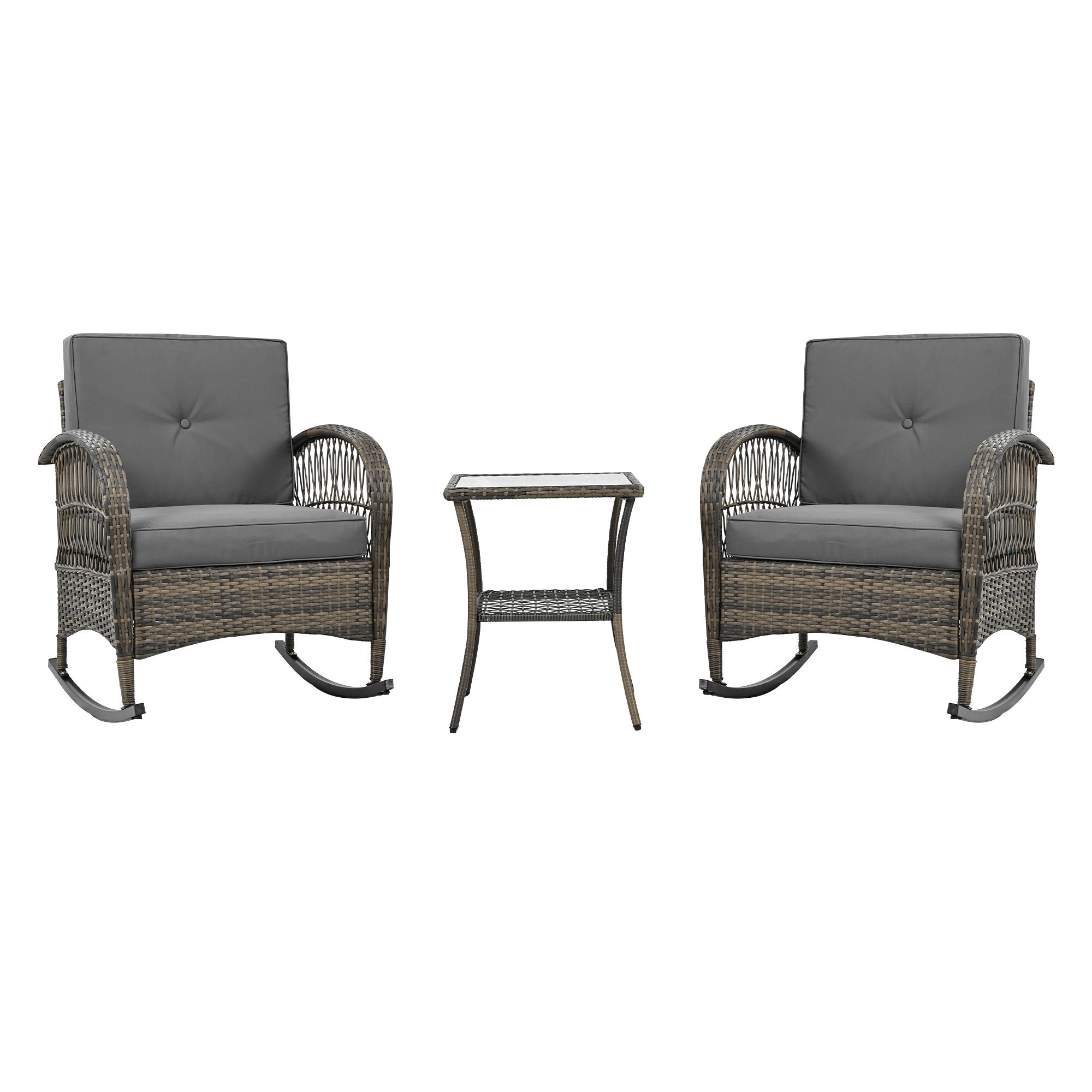 Salon de jardin 3 pièces : 2 fauteuils à bascule en rotin avec coussins gris et table en verre trempé - 9