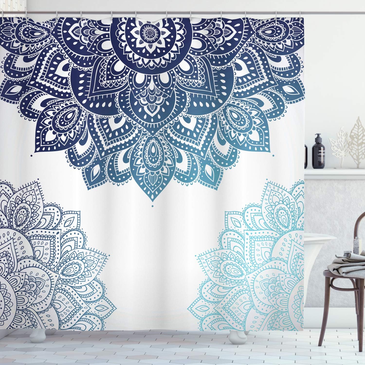 Zasłona prysznicowa, Żywa kolorowa mandala, zestaw dekoracyjny do łazienki z tkaniny z haczykami, 180 cm x 180 cm, jasnoniebieski, ciemnoniebieski