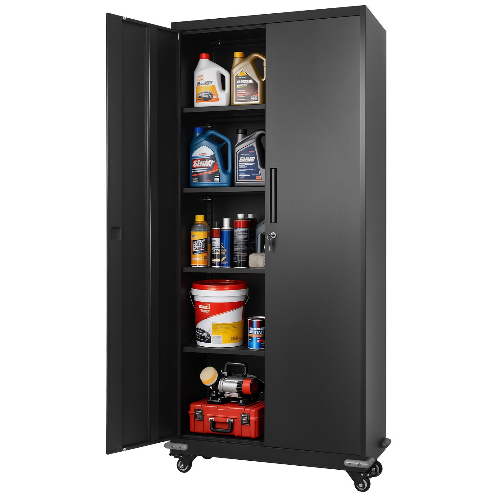 Armoire Métallique VEVOR 184,5 cm 5 Niveaux, Verrouillable, pour Outils Atelier Bureau, sur Roulettes, avec 4 Étagères Réglables, 2 Portes Magnétiques | Leroy Merlin
