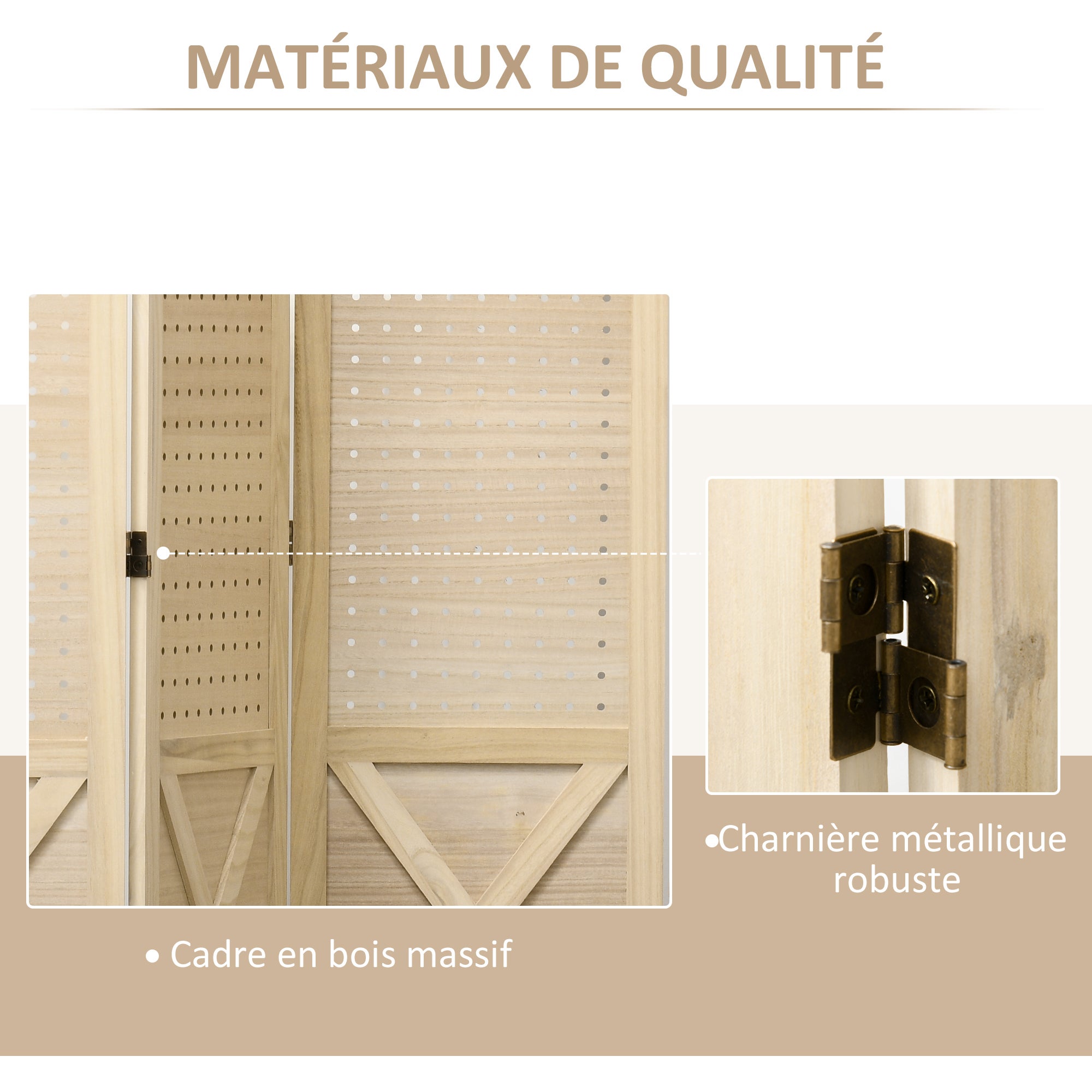 Paravent intérieur en bois 4 panneaux séparateur de pièce pliable panneau perforé 152x1,7x144,5cm bois naturel - 7