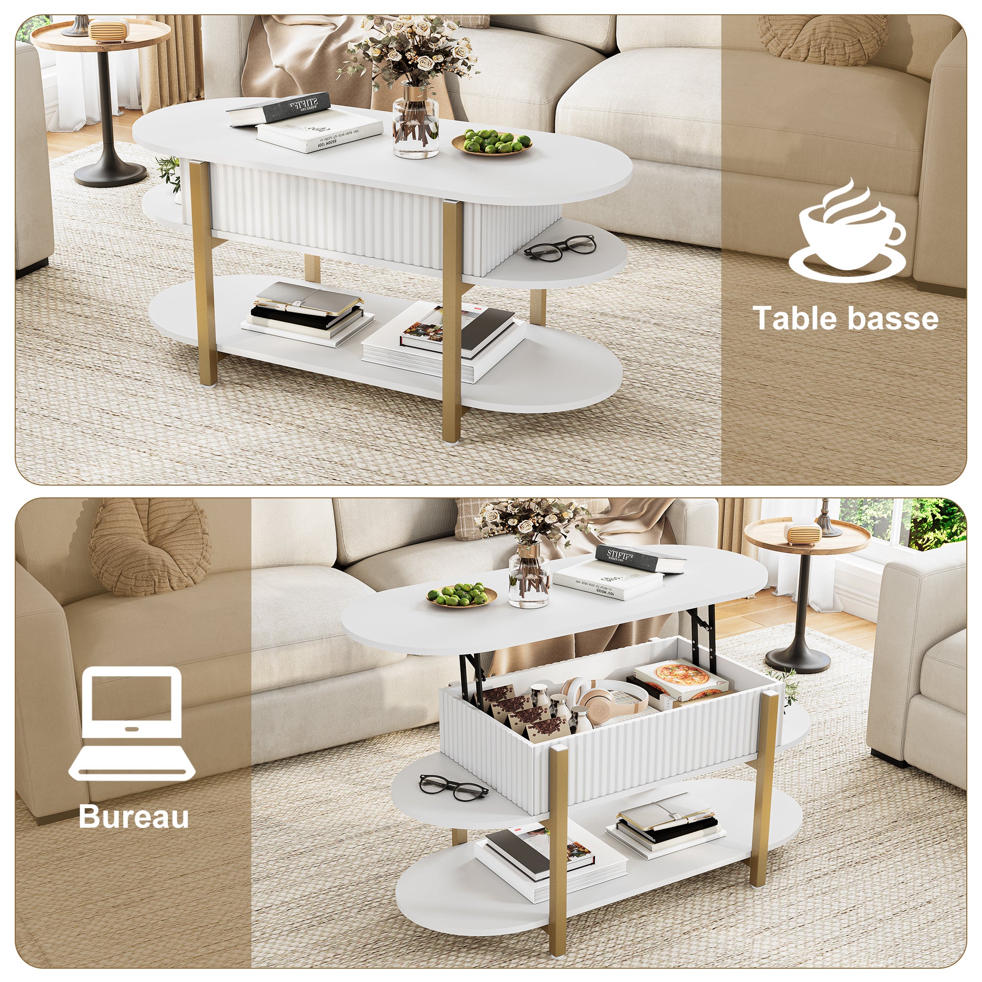 KEFSR Table Basse avec Plateau Relevable Bois MDF,Table de Salon Relevable Moderne avec Compartiment Caché et Étagère,Réglable,106x45x50cm,Blanc - 3