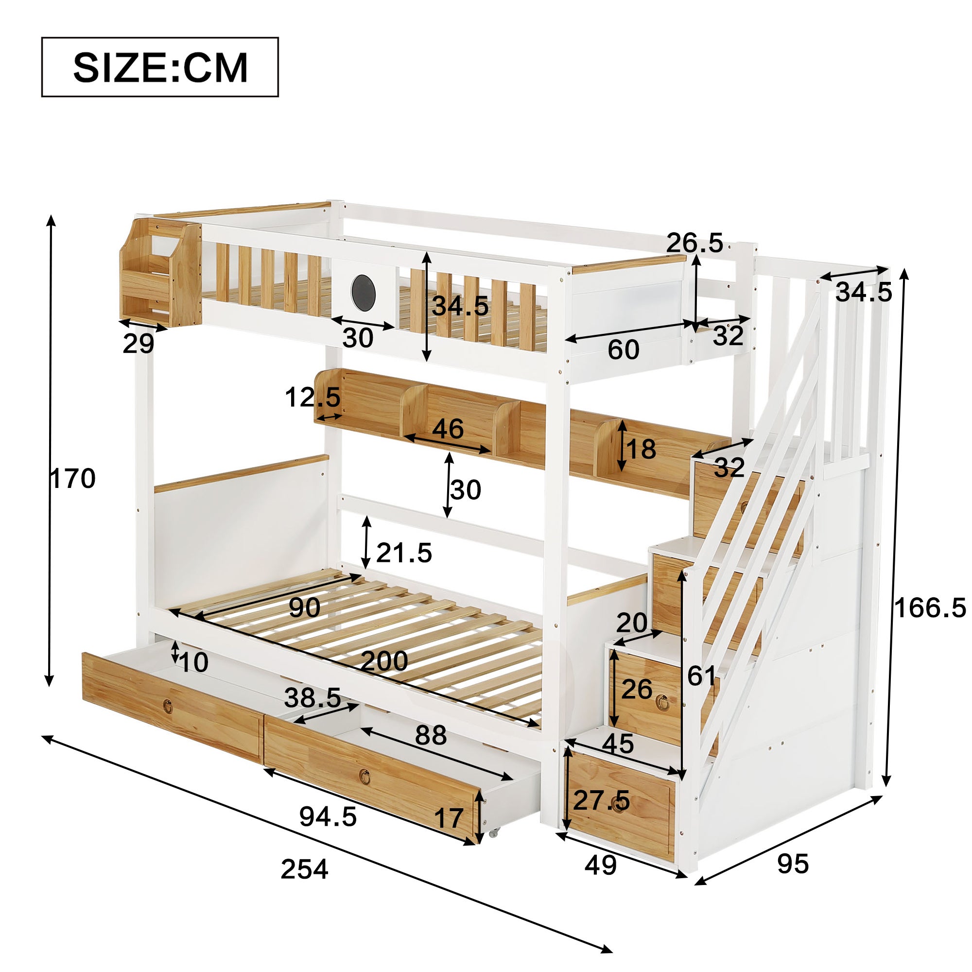 Lit Superposé Enfant 90X200 cm avec Escalier Rangements, Lit D'enfant avec garde-corps, 2 Tiroirs + ÉtagèRes Ouvertes - Pin + MDF- Blanc + Naturel - 2