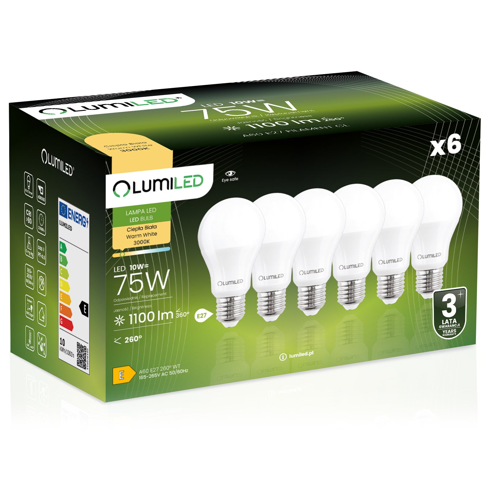 Żarówka LED Lumiled E27 A60 10W 1055lm 3000K Ciepła biel 260st 6 szt.