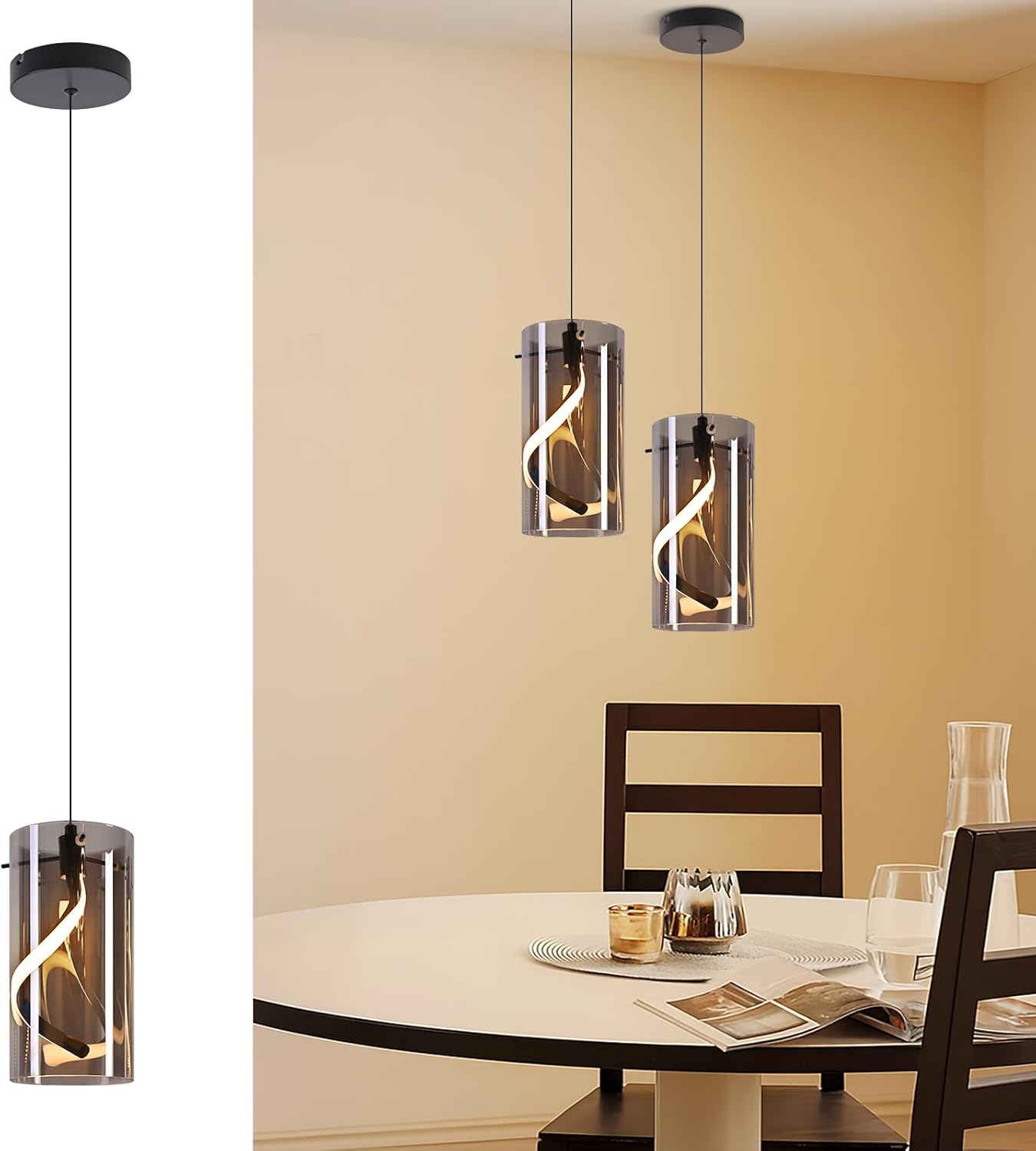 Nettlife Vintage – Lampa wisząca LED nad stół jadalny – Jednopunktowa lampa szklana w stylu retro (11 W), przydymiona szarość, ciepłe białe światło