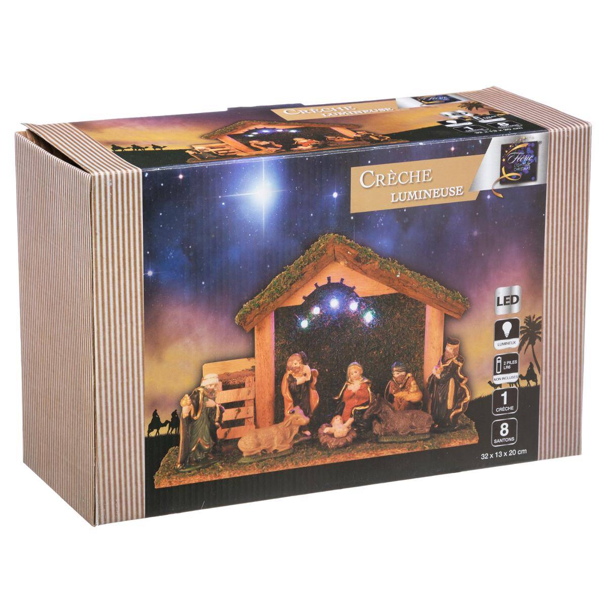 Crèche De Noël FEERIC Avec 3 Santons Sculptés H19cm - Décoration Traditionnelle Pour Fêtes