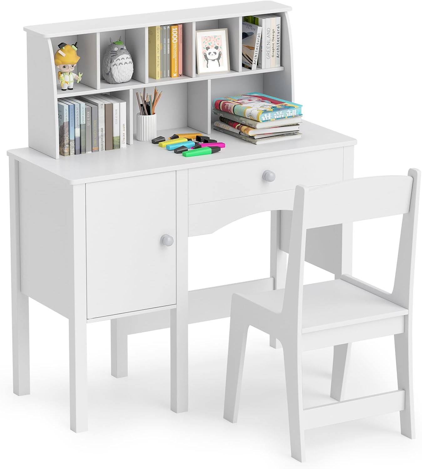 Bureau et chaise pour enfants réglable en hauteur - Ensemble éducatif avec planche d'écriture, bibliothèque et panier à livres - Maison