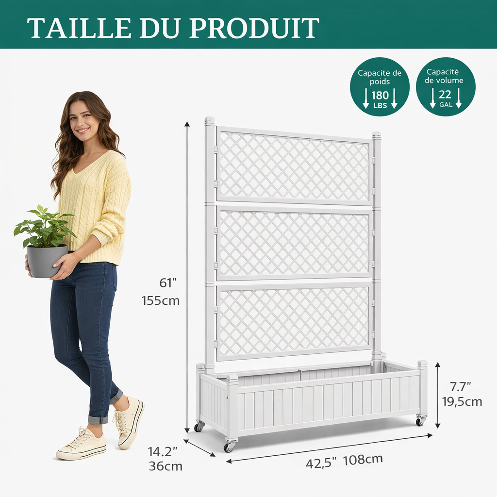Bac avec treillis, Jardinière avec treillis, 108,5 x 44 x 155 cm, Blanc - 3