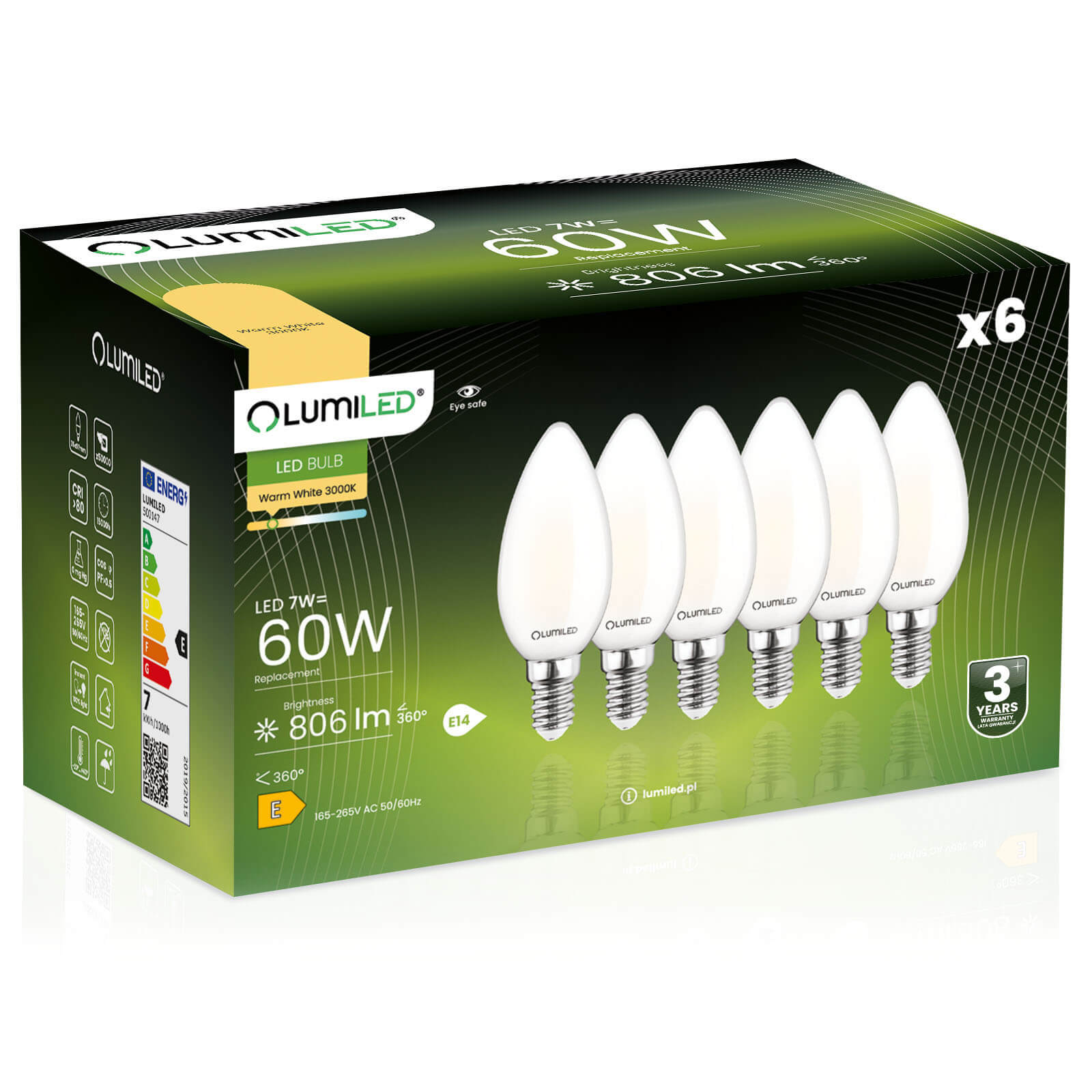 6x Żarówka Lumiled LED E14 Świeczka B35 7W = 60W 806lm 3000K Ciepła 360st Filament