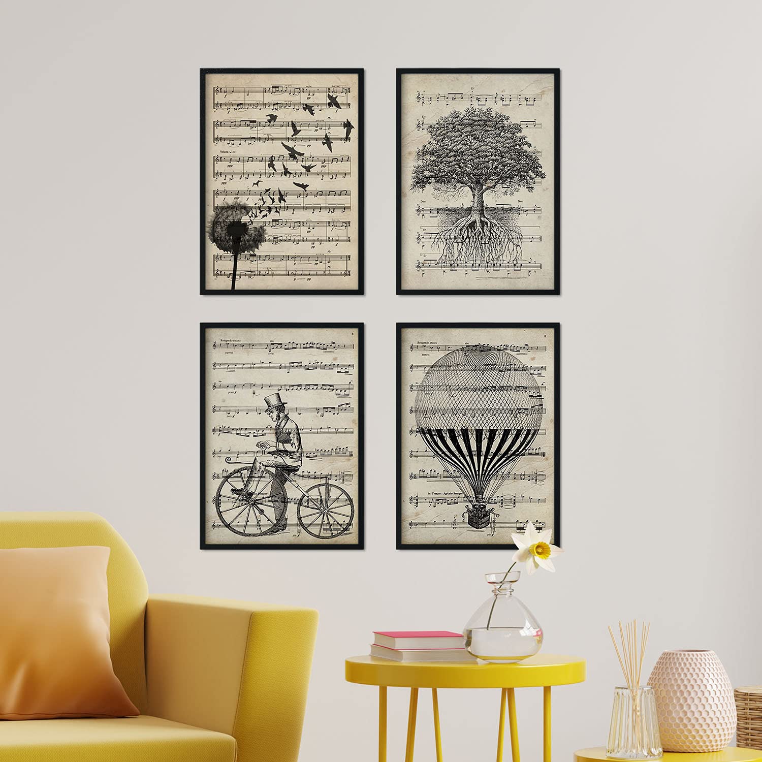 - set 4 láminas vintage partituras musicales - ãrbol vida, bicicleta, diente de leã³n y globo antiguo marco madera clara a4