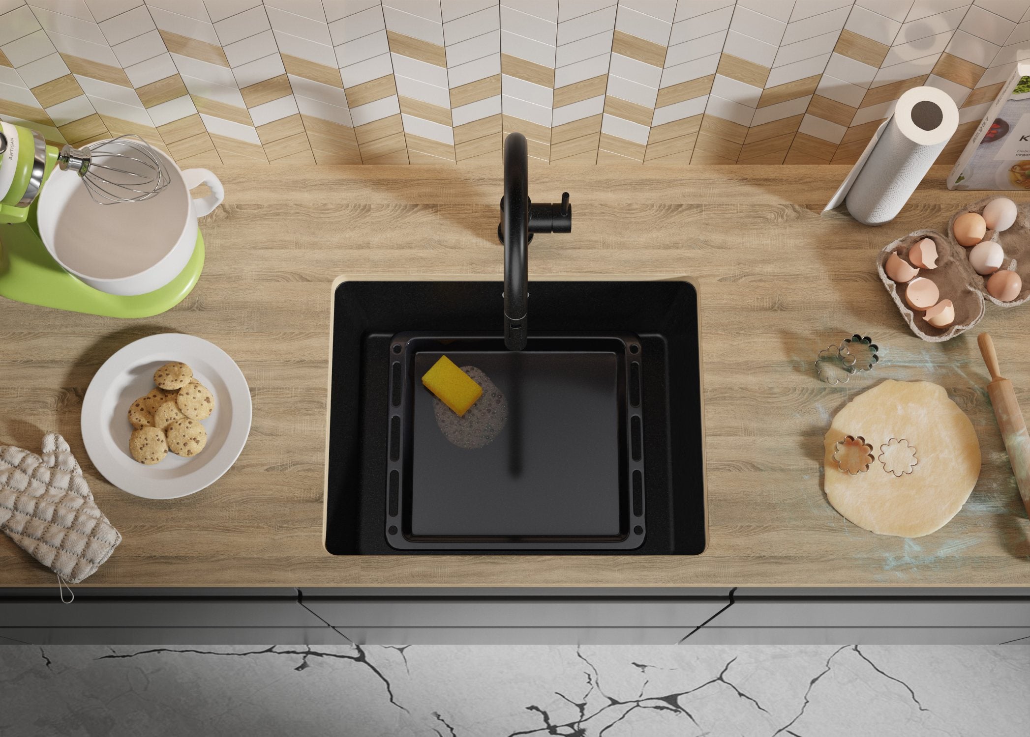 Fregadero bajo Encimera Todo Negro 56x44cm, Cocina 1 Seno + Sifón, Granito al mueble 60cm - Venecia Easy PRIMAGRAN - 8