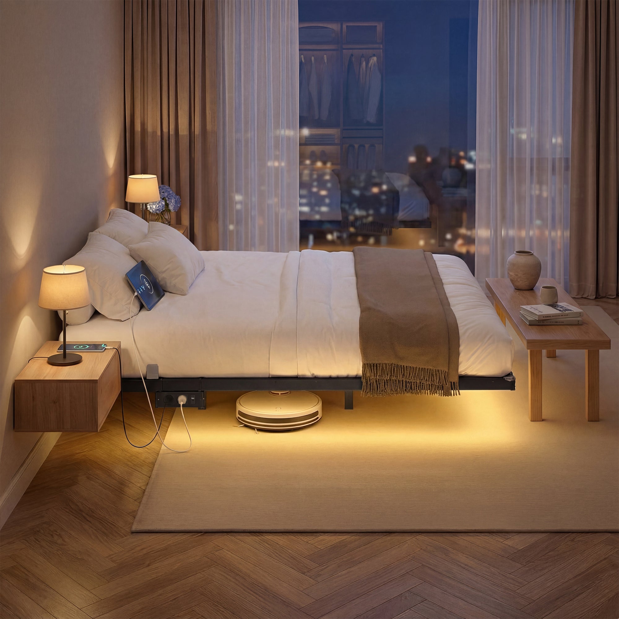 Lit Flottant 140 x 190 cm avec LED, Ports USB et Prises CA, pour Chambre, Capacité 500 kg, Noir - 3