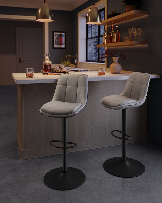 Tabourets de Bar, Lot de 2, Siège Pivotant à Hauteur Réglable, Matelassé, avec Dossier et Repose-Pieds, Gris Tourterelle - 2