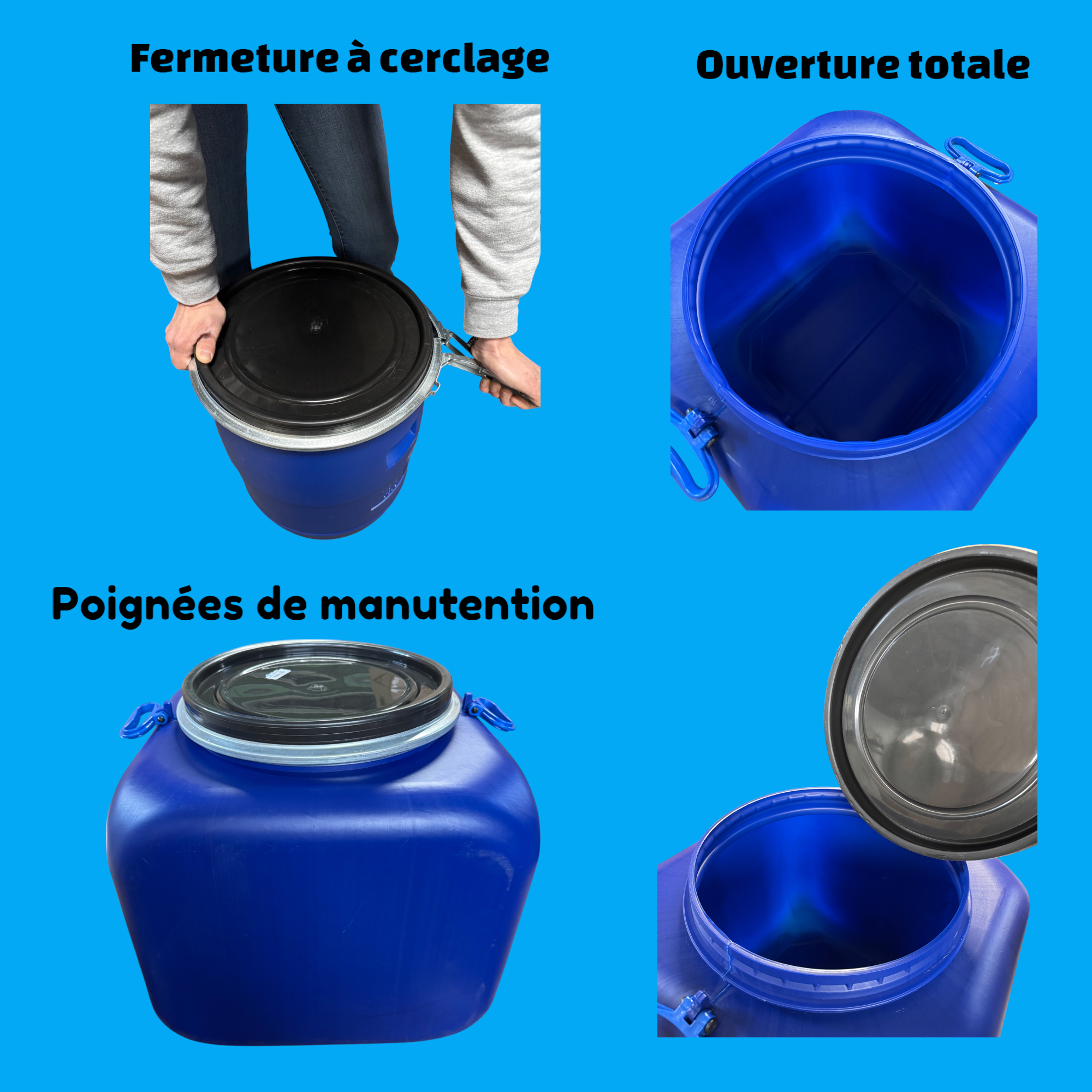 Bidon Plastique 100 Litres Carré avec Robinet et Couvercle Ø34 cm – Réservoir Alimentaire Hermétique - 3