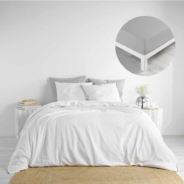 Pack parure 240 x 220 cm coton lavé 57 fils + DH 140x190 cm Linette Blanc/Gris