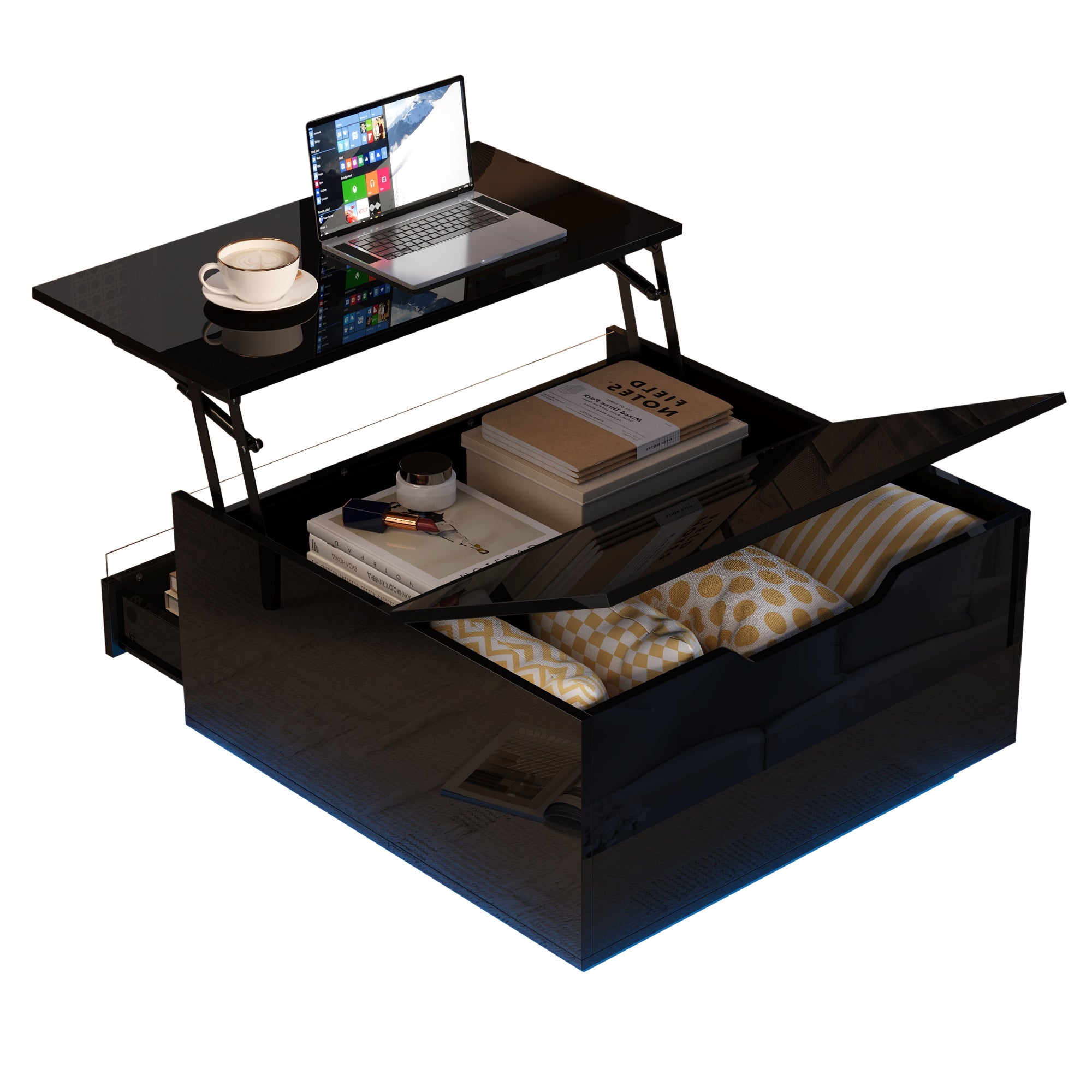 Table basse carrée avec plateau relevable et 1 tiroir - 70 x 70 x 38 cm - LEDs - Panneau de particules - Noir brillant - 3