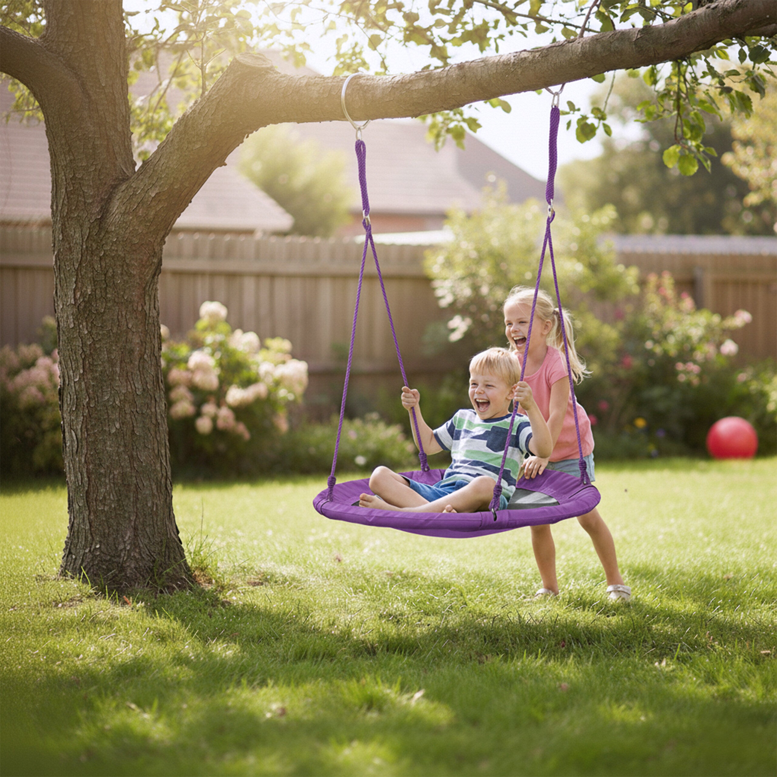 Balançoire nid d'oiseau rond 110 cm à suspendre enfant adulte jardin extérieur Ø 110 cm, 100 kg, violet, Relaxdays - 2
