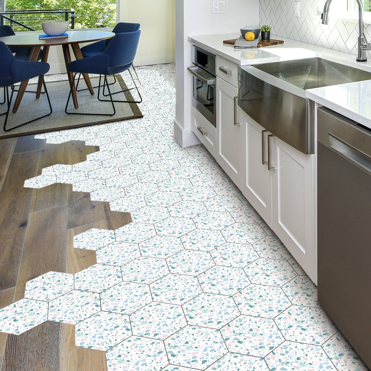 Vinilo piso de terrazzo hexágonos vallo antideslizante - adhesivo pared - sticker revestimiento - 1 adhesivo 60x135cm-10stickershexagones30x26cm