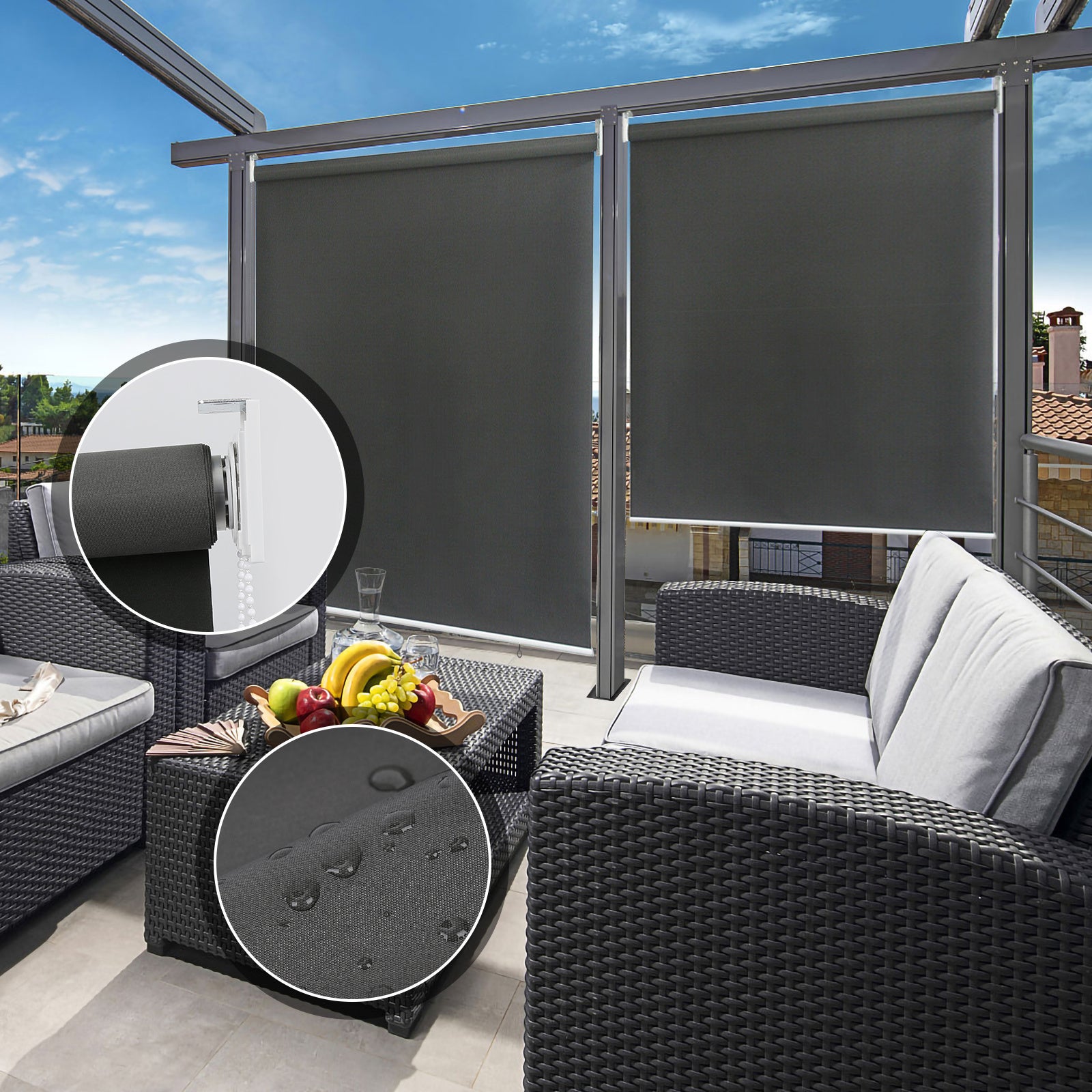 Roleta Pionowa 140x240 cm na Balkon Brise Vista Tela Wodoodporna Ociemniająca 80% Ciemnoszary Fixation
