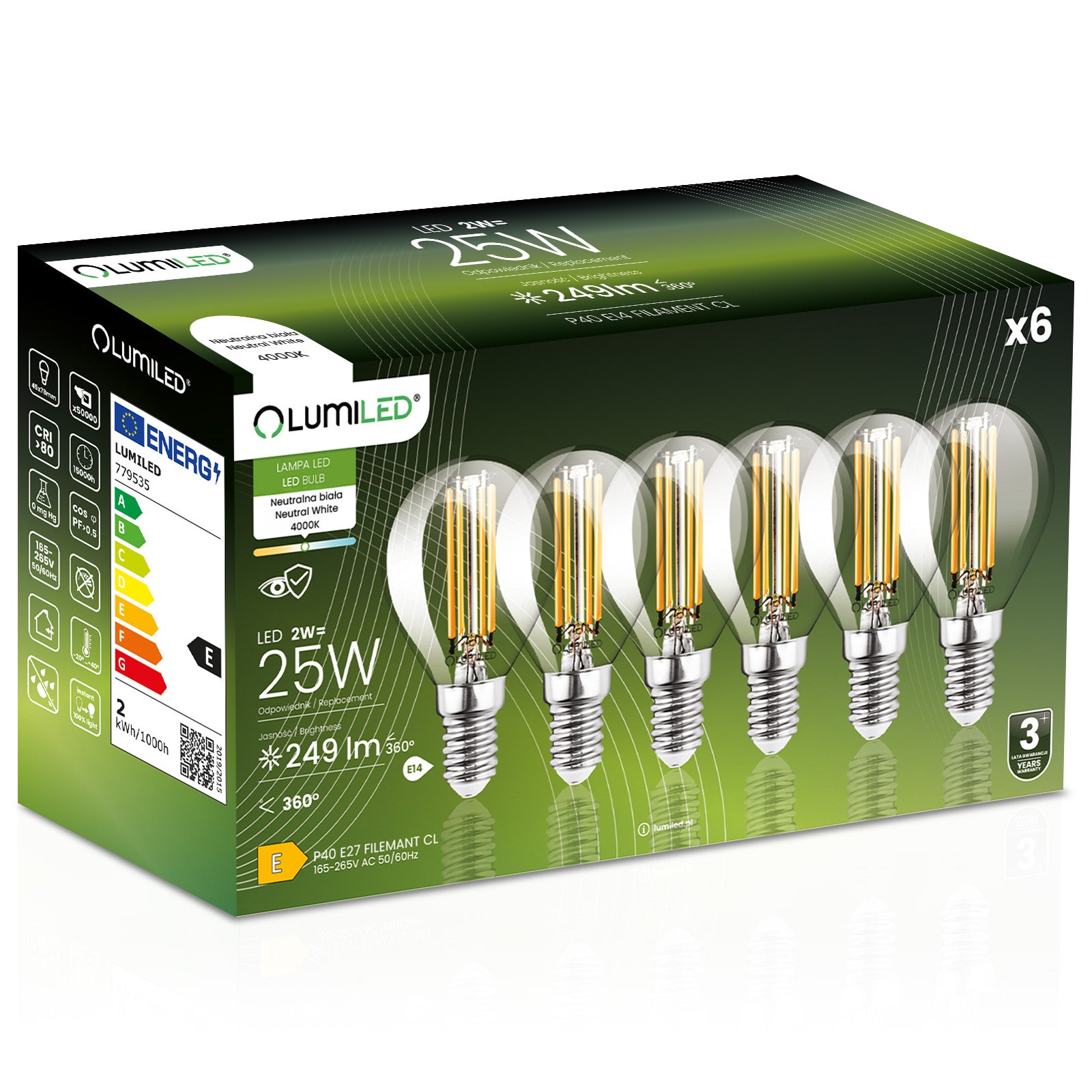 Żarówka LED Lumiled E14 Kulka P45 2W 249lm 4000K Neutralna biel 360st Filament 6 szt.