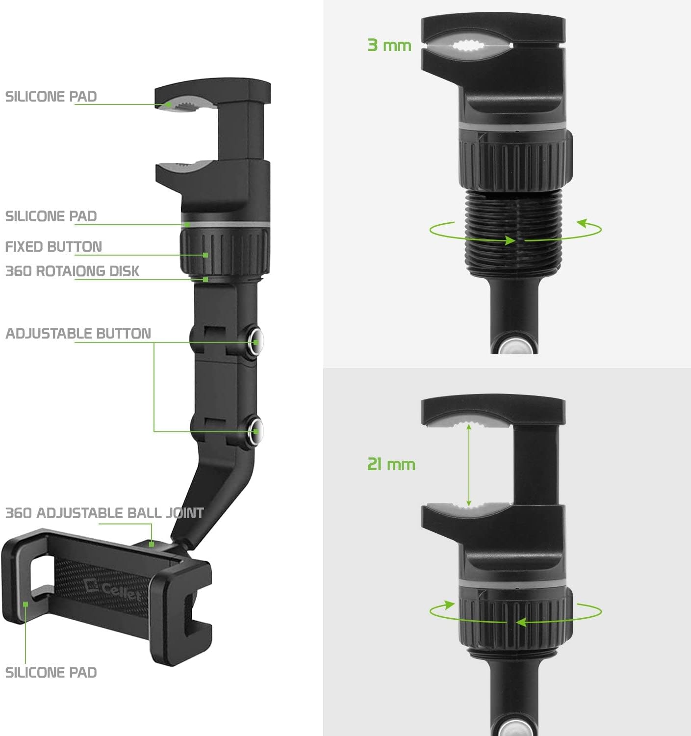 Suporte para celular no espelho retrovisor do carro, suporte para GPS veicular, suporte para celular ajustável em vários ângulos. - 3