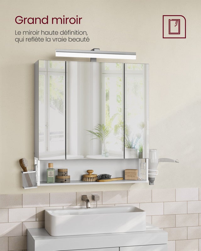 Meuble de Salle de Bain 3 Portes, Armoire Murale avec Miroir, Multiprise, Panier Suspendu, Support pour Sèche-Cheveux, Blanc Nuage - 3