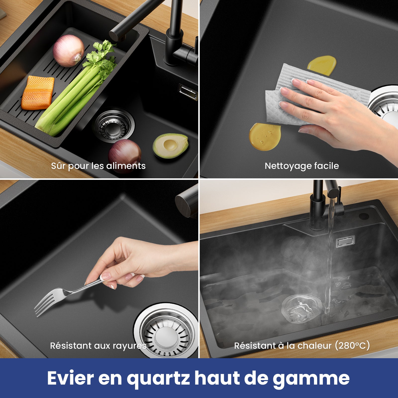 CECIPA MAX Évier de Cuisine 50*45cm en Granit Noir, Évier à Encastrer Kit de Vidage, Évier 1 Bac en Quartz et Résine - 8