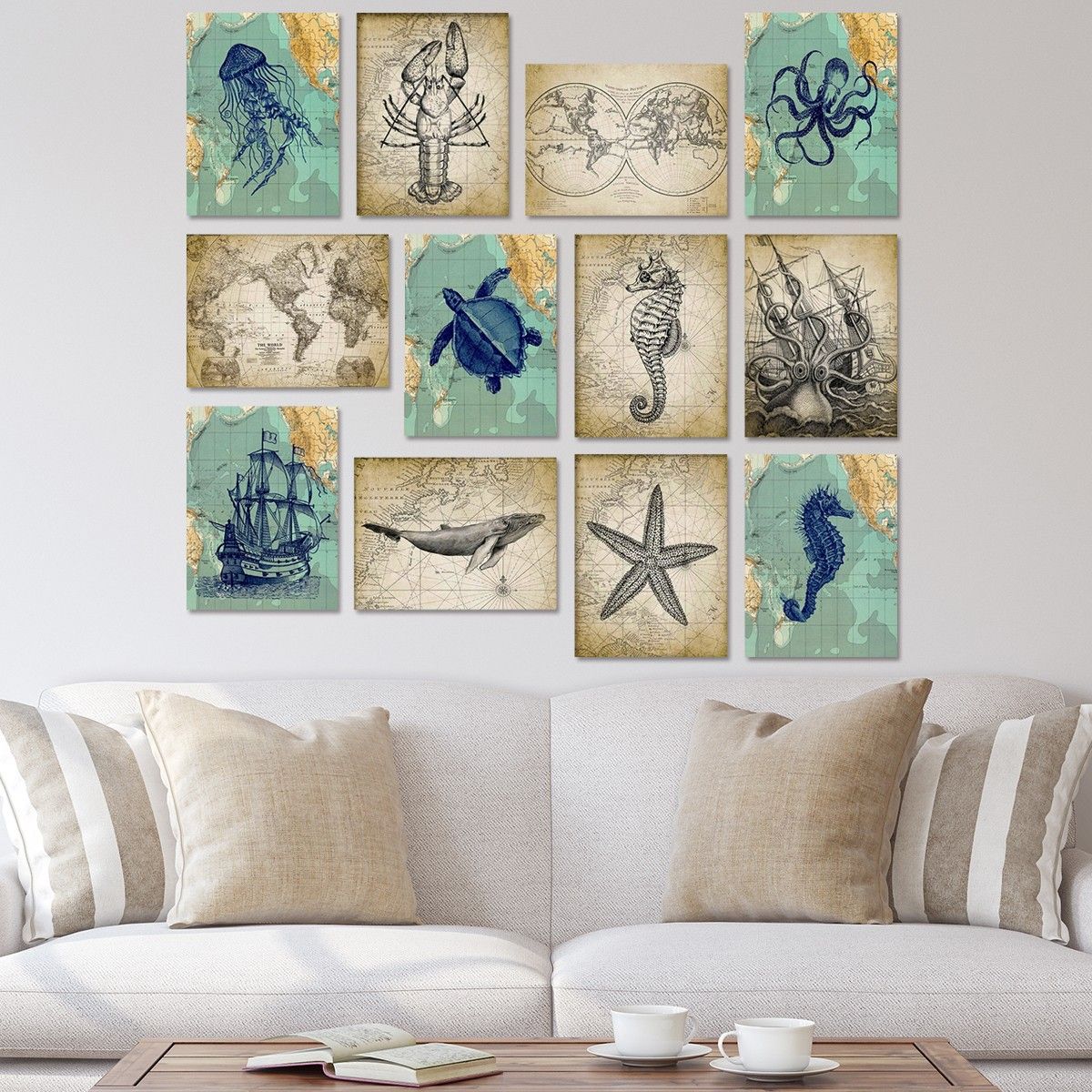 Lot De 12 Tableaux Aranea L20xH15cm Motif Vie Sous-marines Bleu Et Blanc | Leroy Merlin