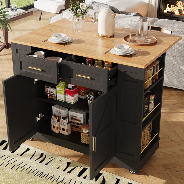 Îlot de cuisine armoire buffet desserte bois veinures table extensibles noir