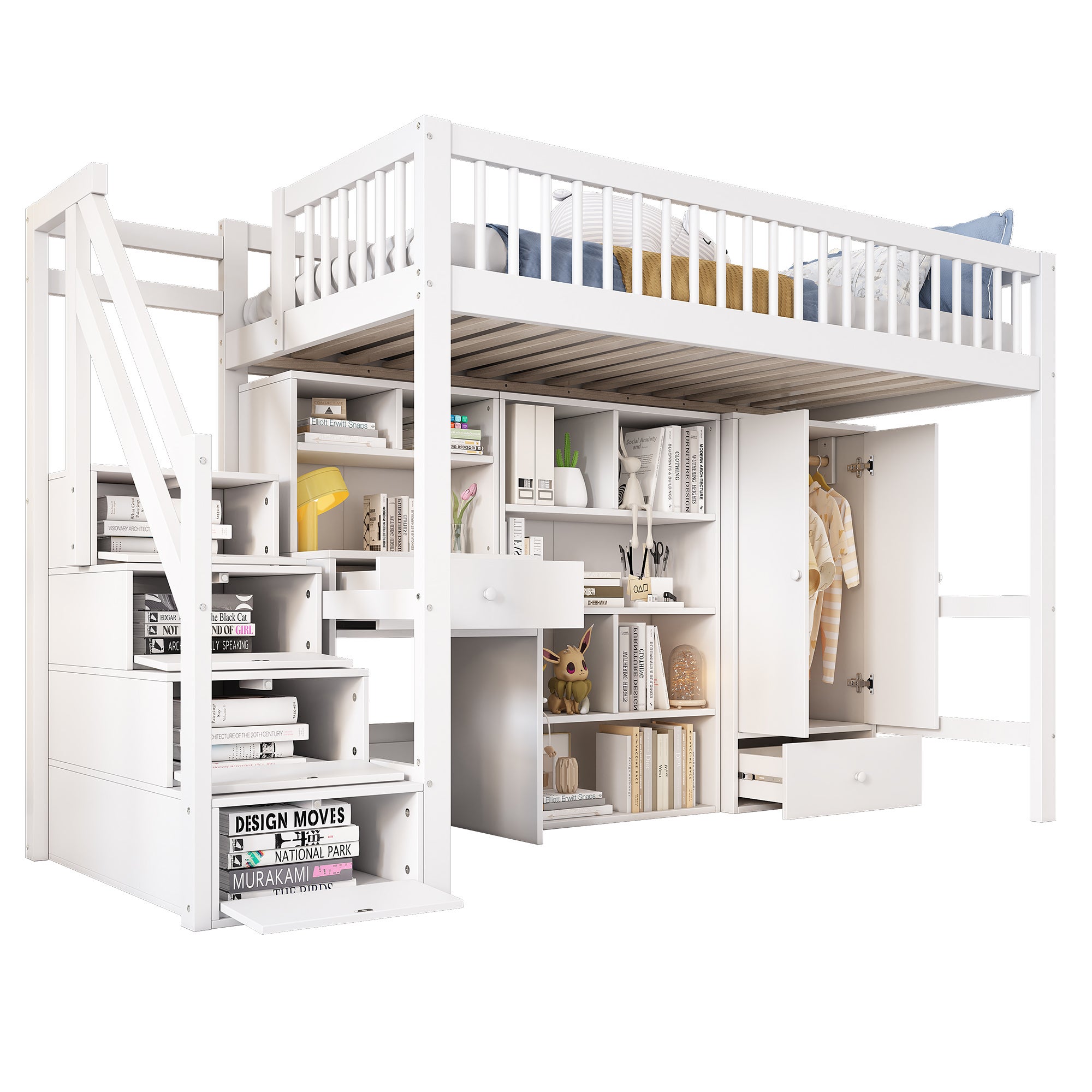 Letto per bambini 90 x 200, letto singolo, con scrivania, scale, armadietti e guardaroba, senza materasso, legno massello e MDF, bianco - 7