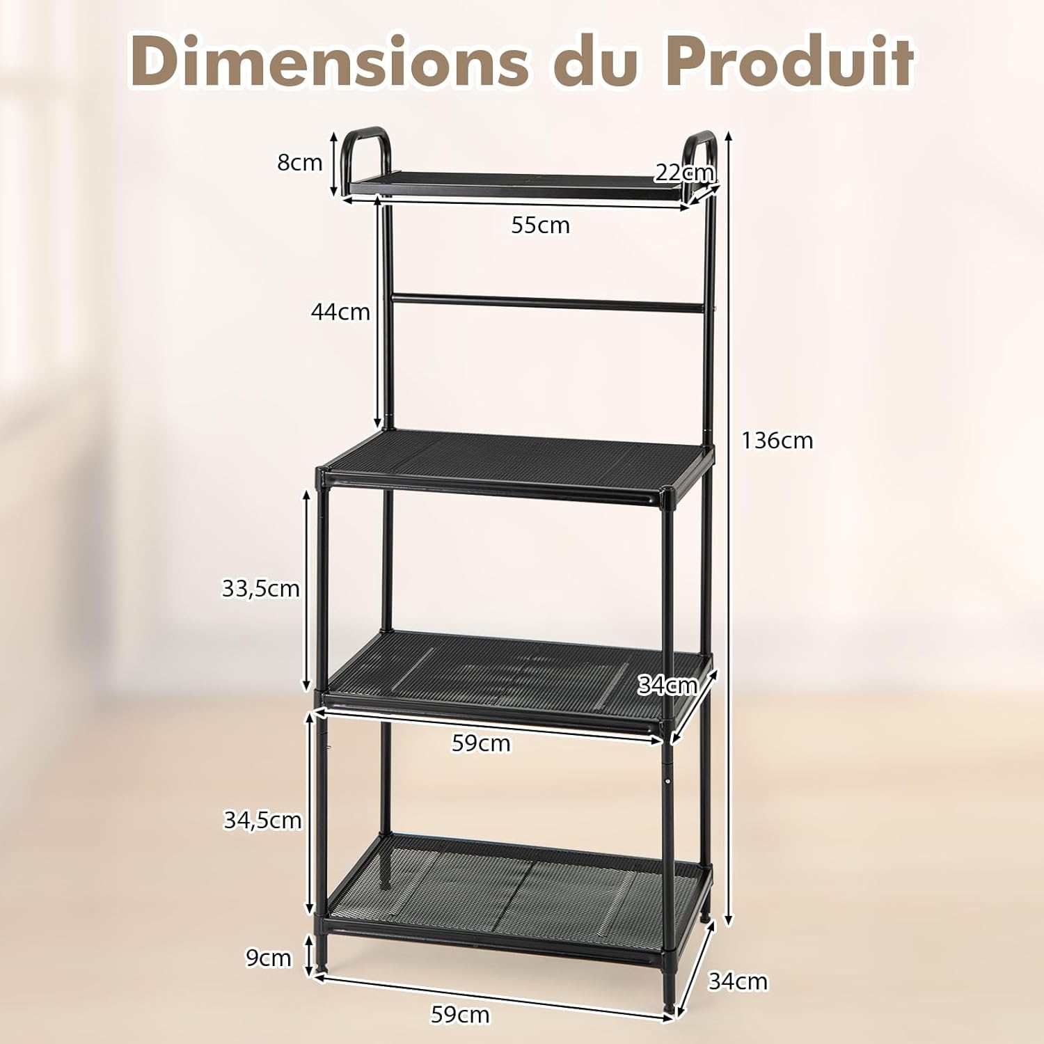 Étagère de Cuisine sur Pieds en Fer, Support de Rangement pour Four à Micro-Ondes de 4 Couches en Maille, Rack de Cuisine Métalliques (Noir) - 8