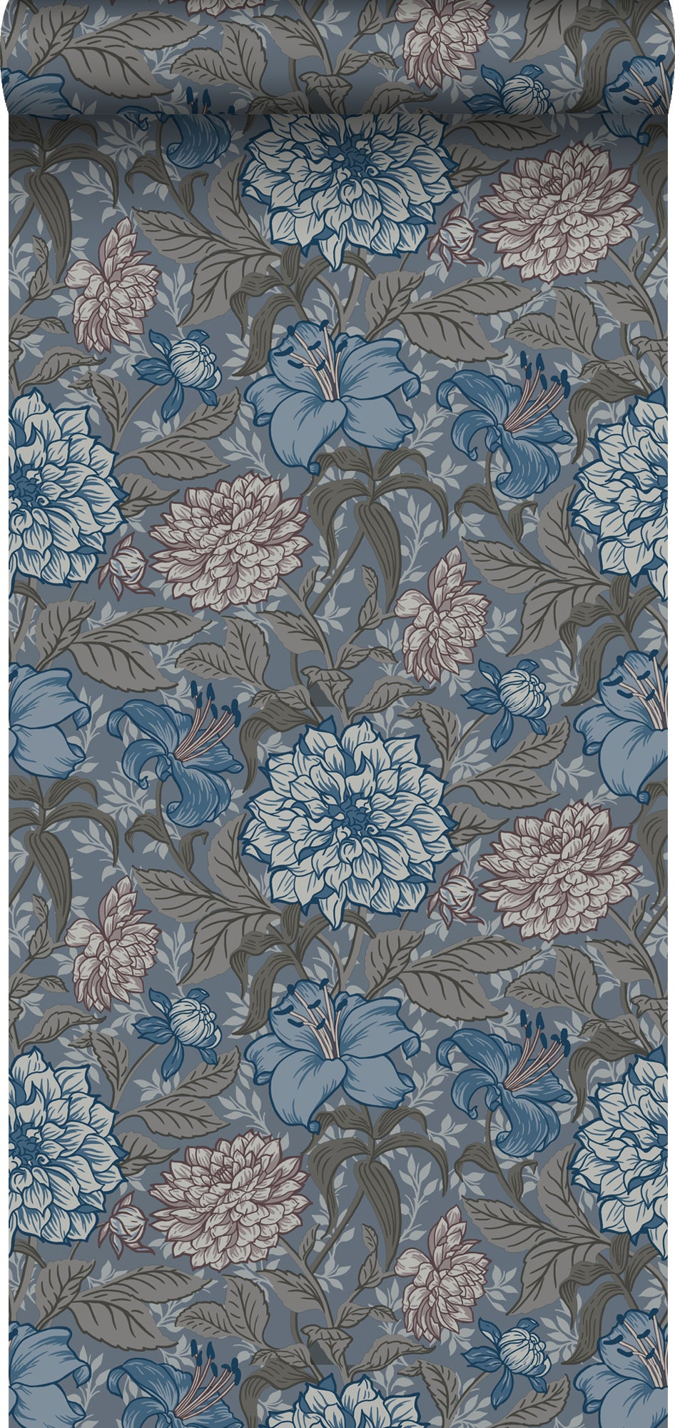 Tapeta zabytkowe kwiaty szaro-niebieskimIciepłej szarości - 53 cm x 10.05 m - ESTAHOME