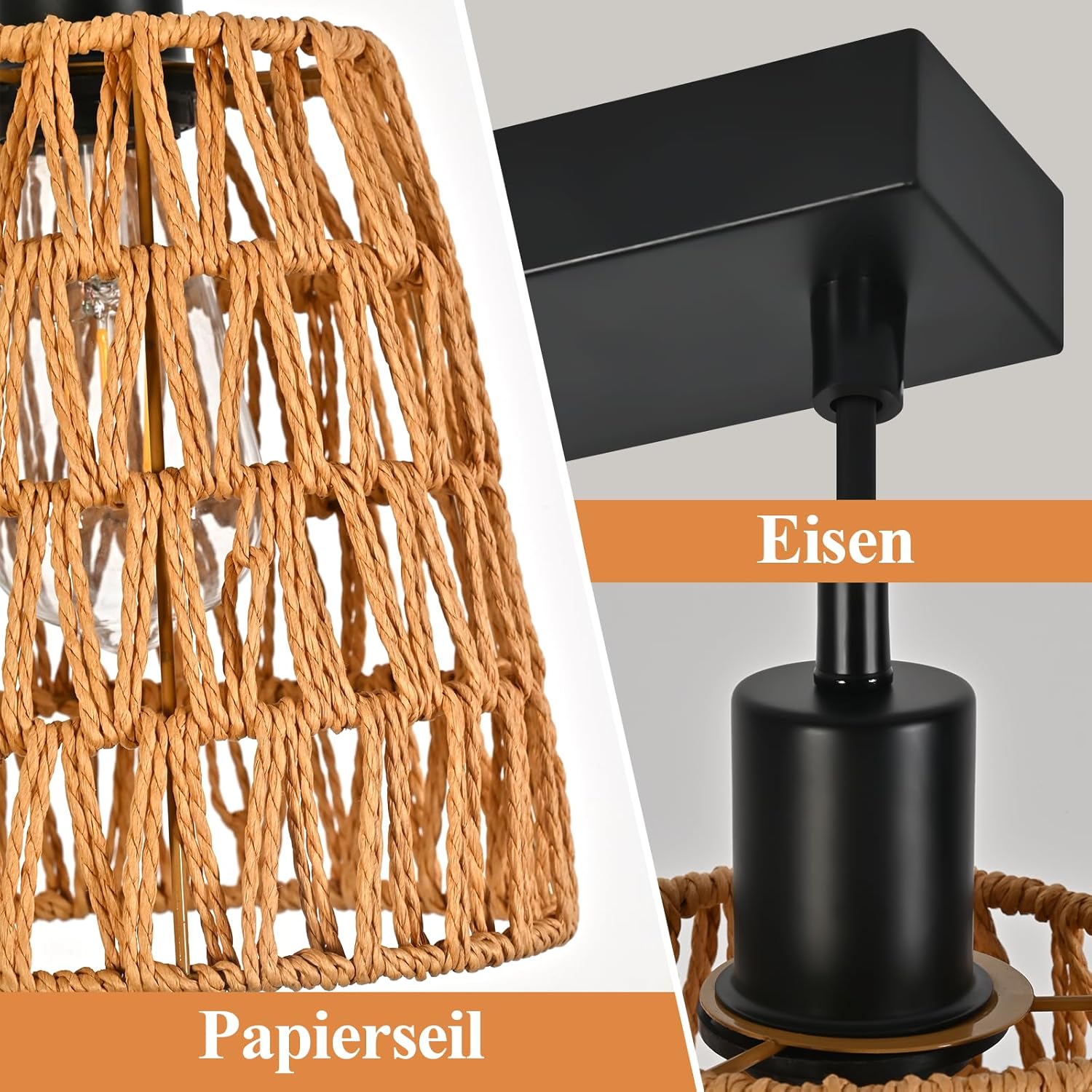 Lampa wisząca Nettlife Boho Rattan z 3 żarówkami – żyrandol z plecionej liny konopnej w stylu vintage, E27 (żarówki nie są dołączone) - 3