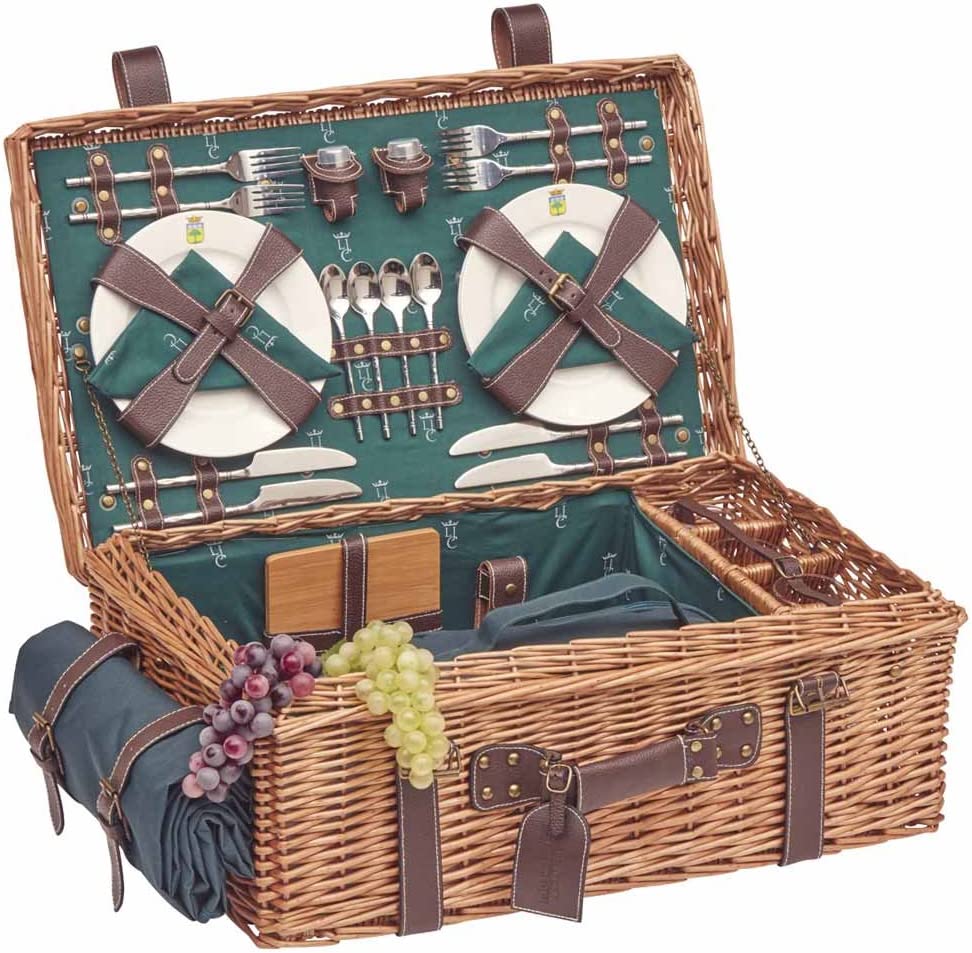 Cestino Da Picnic Gisors In Vimini Per 4 Persone - Con Piatti E Bicchieri - Tessuto Crema - Foto 6