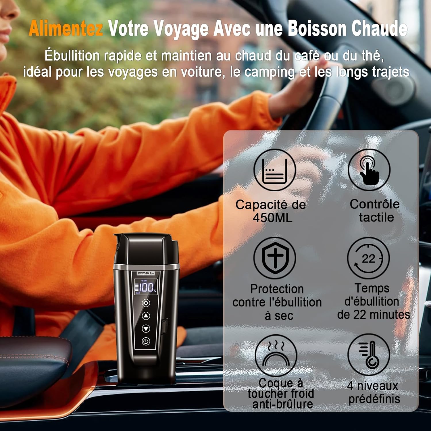 Bouilloire électrique de voyage 12 V/24 V avec prise allume-cigare, pour voitures, camions et taxis, 450 ml, acier inoxydable 304 - 2
