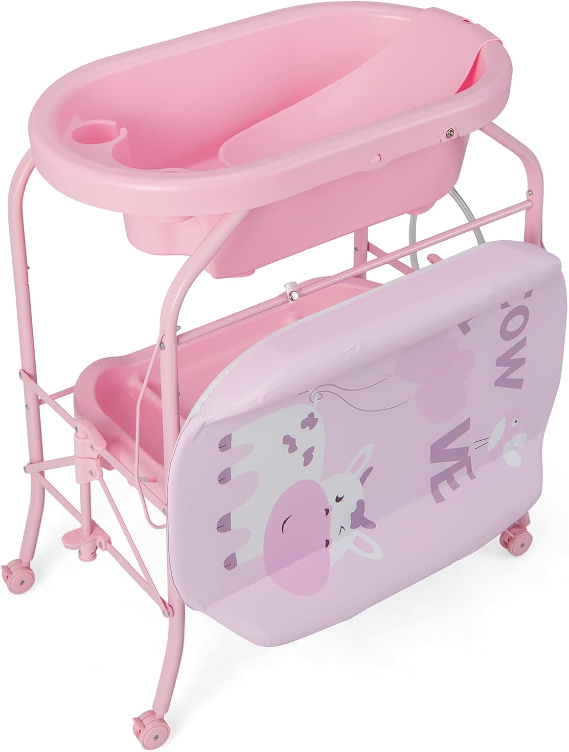 Składana Wanienka dla Niemowląt 4 w 1, z Koszem do Odkładania Rzeczy i Blokowanymi Kółkami, Nośność 35 kg, dla Dzieci w Wieku 0–12 Miesięcy, Różowa