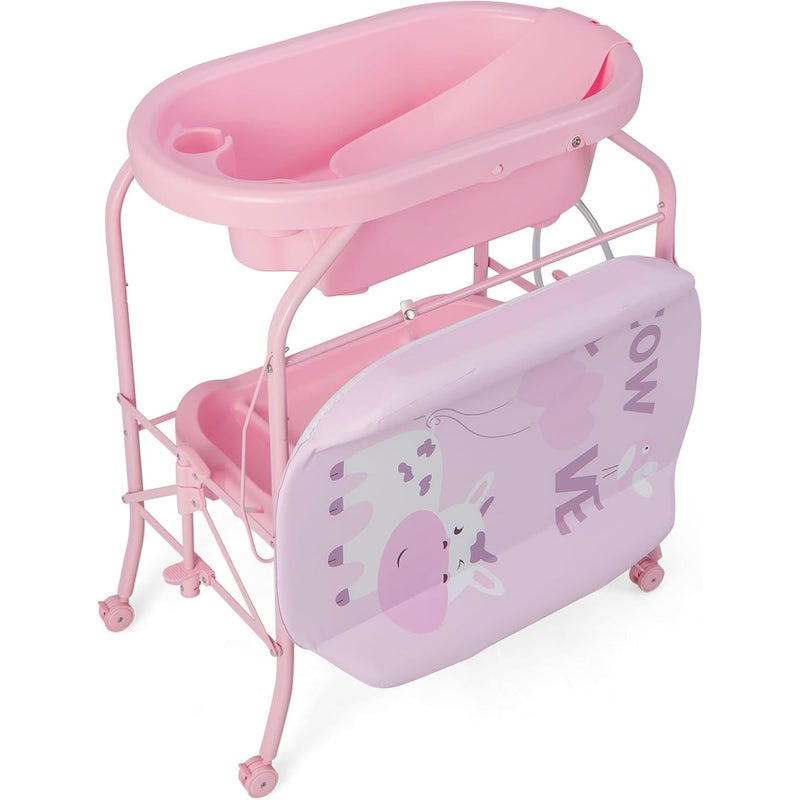 Składana Wanienka dla Niemowląt 4 w 1, z Koszem do Odkładania Rzeczy i Blokowanymi Kółkami, Nośność 35 kg, dla Dzieci w Wieku 0–12 Miesięcy, Różowa