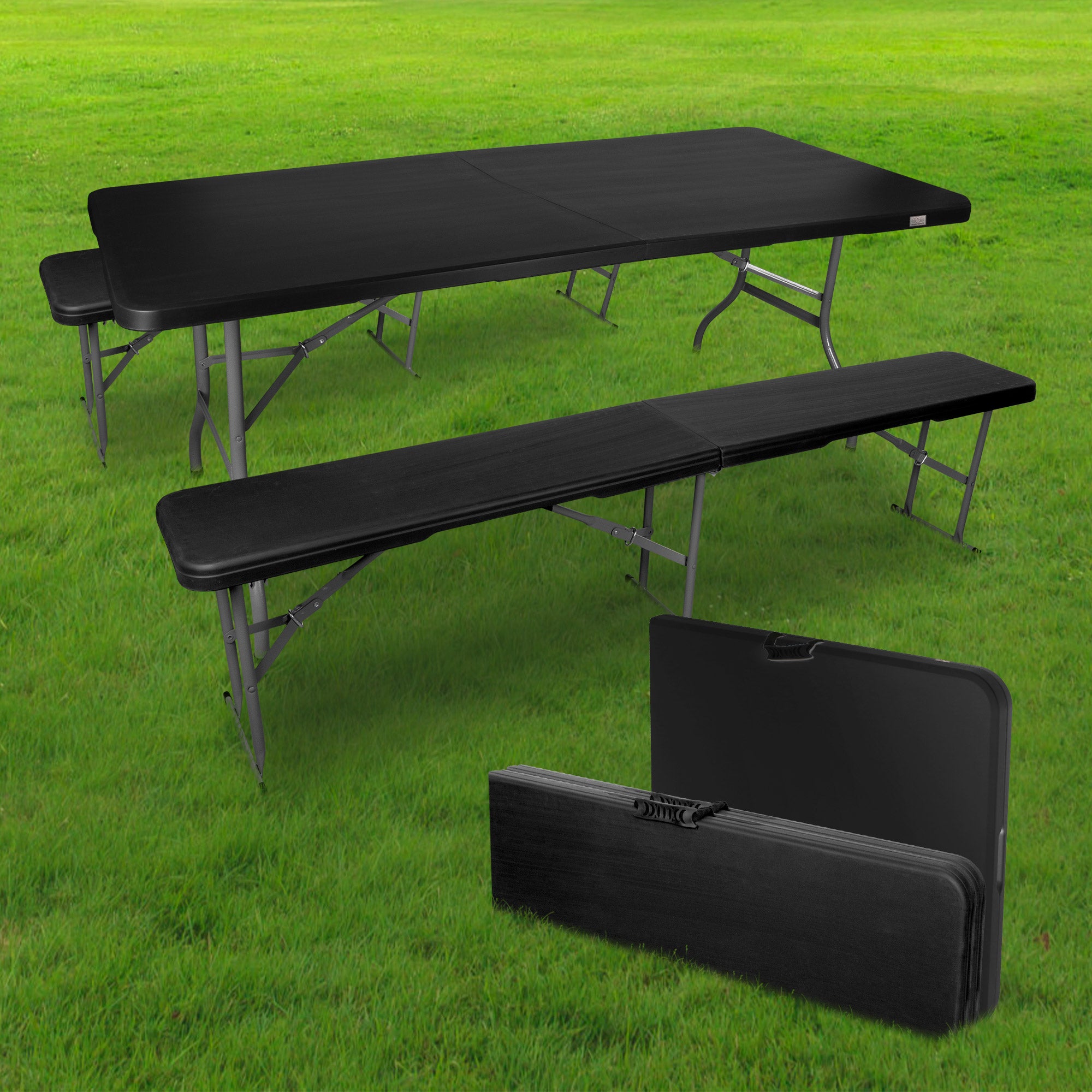 Ensemble Table Pliante Et Bancs HDPE 180 Cm – 8 Places, Pliable, Idéal Terrasse, Camping, Jardin
