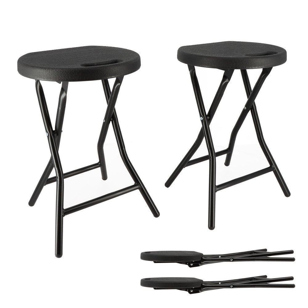 Tabourets pliants x2 - Ht 46cm - Tabouret pliable de Jardin, Terrasse, Balcon - Noir - Siège résine Structure Acier - Poignée - 2