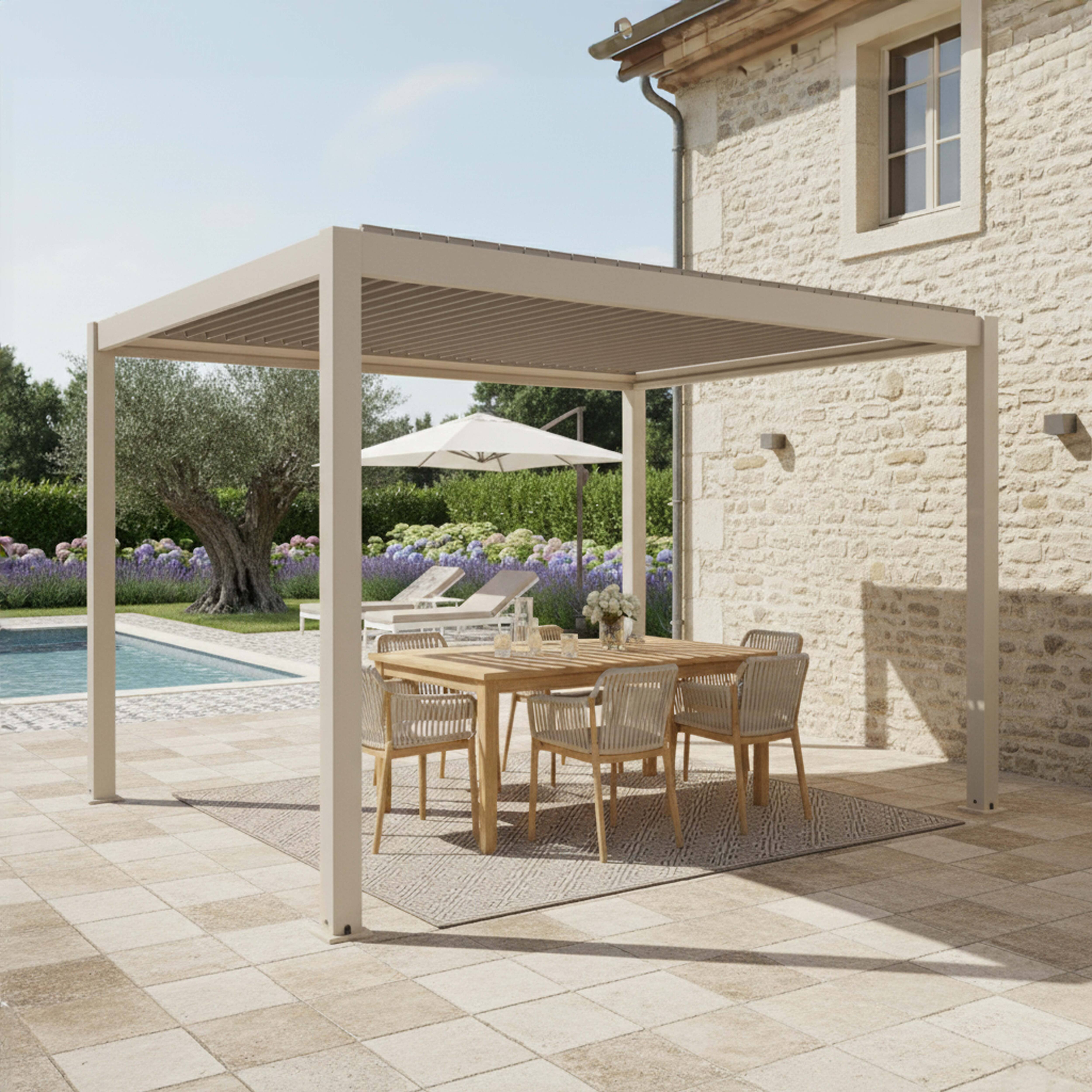 Pergola bioclimatique autoportée 3x4 m et 1 store bois crème ( 1 store 3,73 x 2,34 m ) Athenes- Oviala - 5