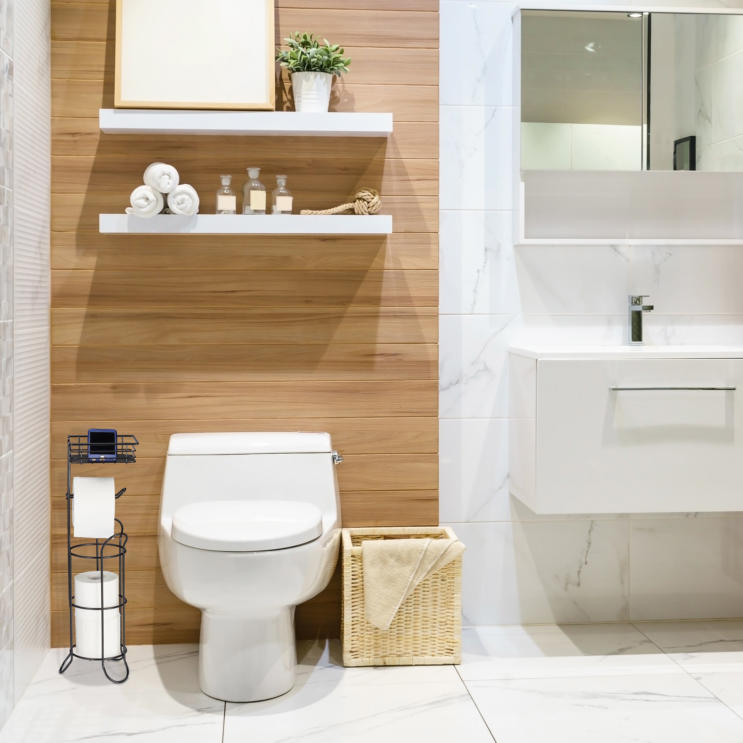 Relaxdays porte-papier toilette, vertical, avec support, 3 rouleaux, moderne, métal, HLP 57,5x18,5x17,5 cm, noir - 2