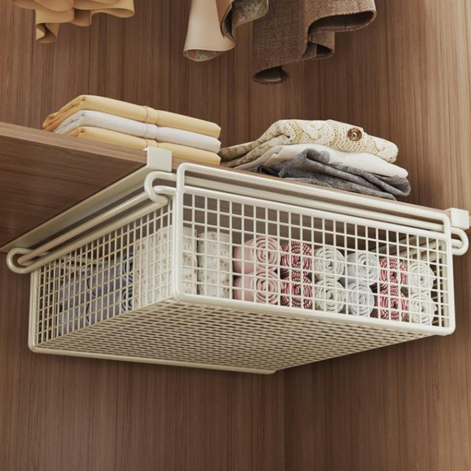 Panier de rangement suspendu métallique coulissant sous étagère multifonctionnel pour vêtements,économie d'espace,organisateur de garde-robe L - 6
