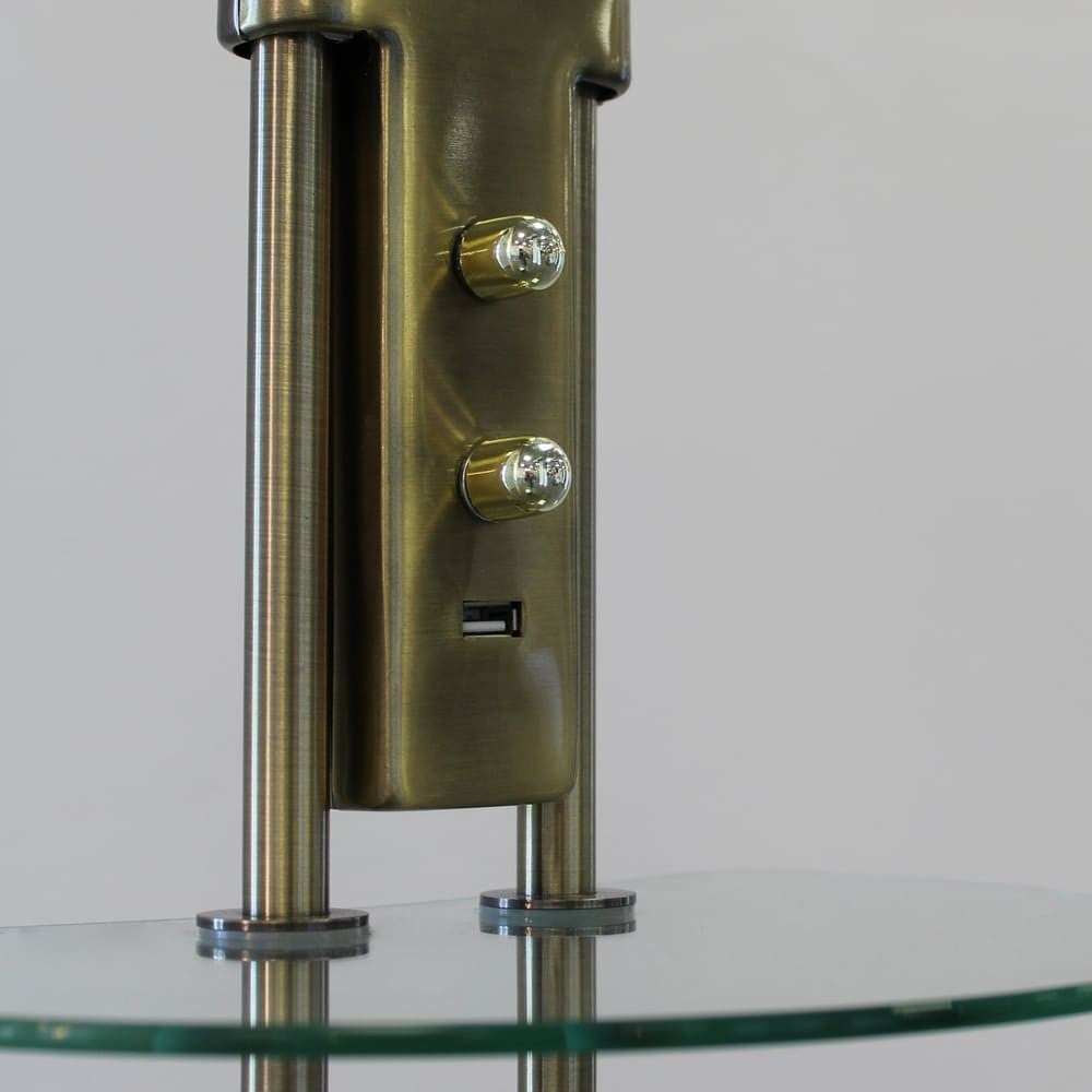 Lampa podłogowa Olimpia LED ze szklaną półką i portem USB w skórzanej metalowej konstrukcji ø25,5cm - 3