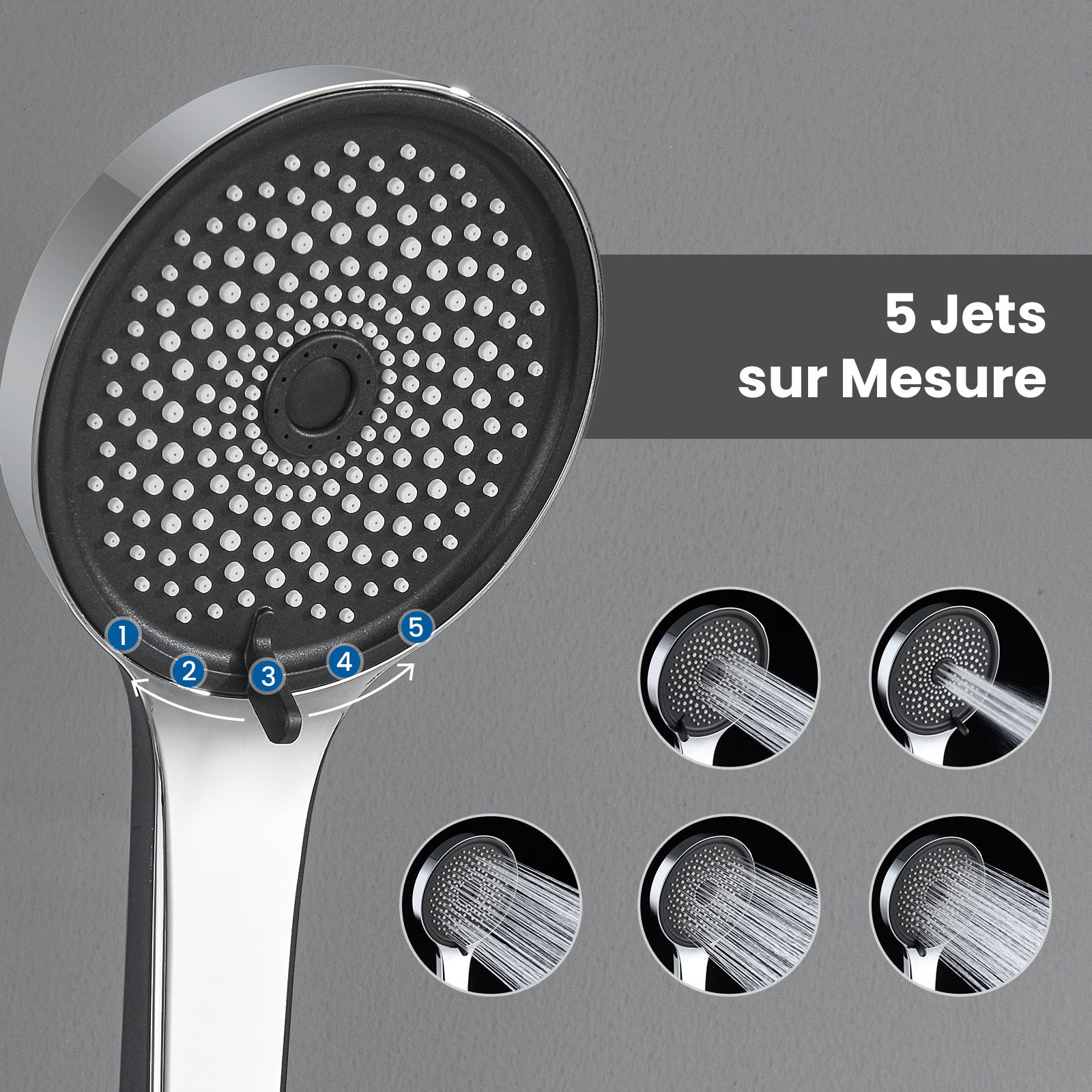 Auralum max Barre de Douche en Acier Inox avec Douchette 5 Jets,Réglable 700mm,Support Coulissant à 360°, Étagère de Rangement Incluse,Chrome - 3