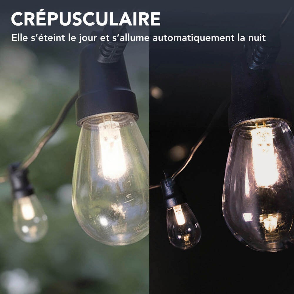 Guirlande Guinguette Solaire LED 8,4m, 12 ampoules remplaçables G4, 12 x 3,8 lumens, 3000K Blanc-chaud, IP44, crépusculaire - Tibelec - 5