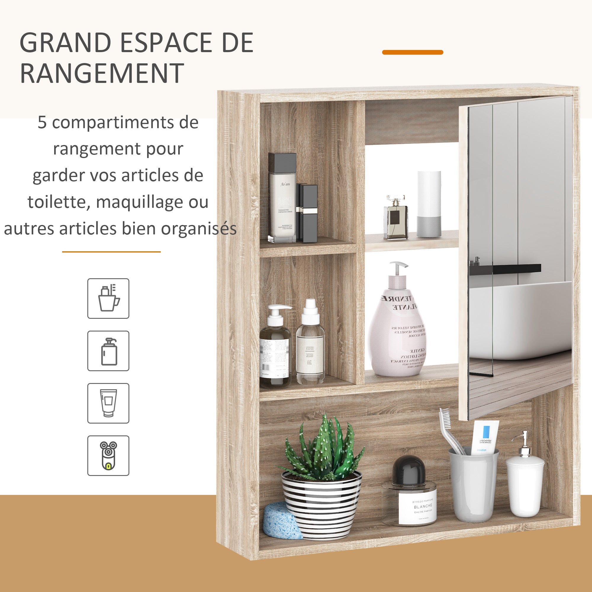 Armoire Murale avec miroir pour salle de bain Meuble de Rangement suspendu Couleur Bois de chêne dim. 60Lx15lxH76cm - 6