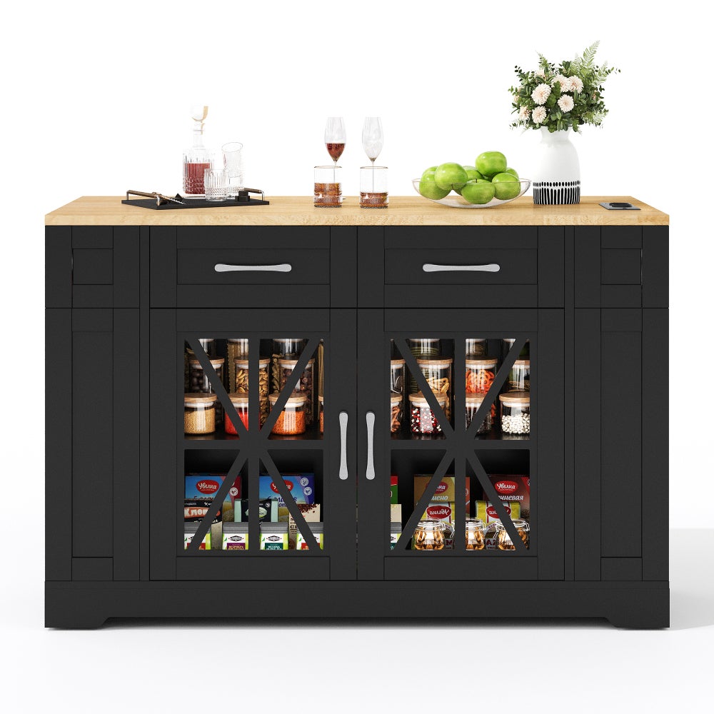 Îlot Central De Cuisine - Table à Manger Extensible - Avec Prise De Courant Avec Roulettes Et Espace De Rangement Naturel Noir 75541386