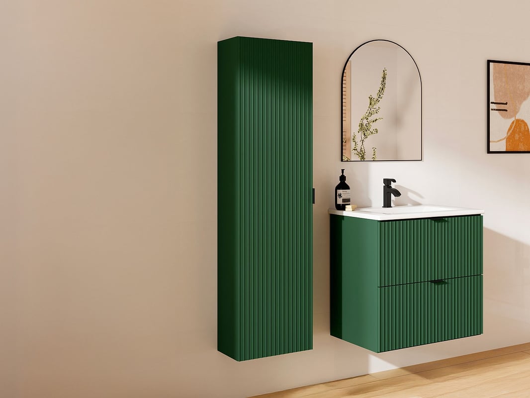 Wisząca prążkowana szafka łazienkowa - Matowa zieleń - wys. 140 cm - ZEVINI