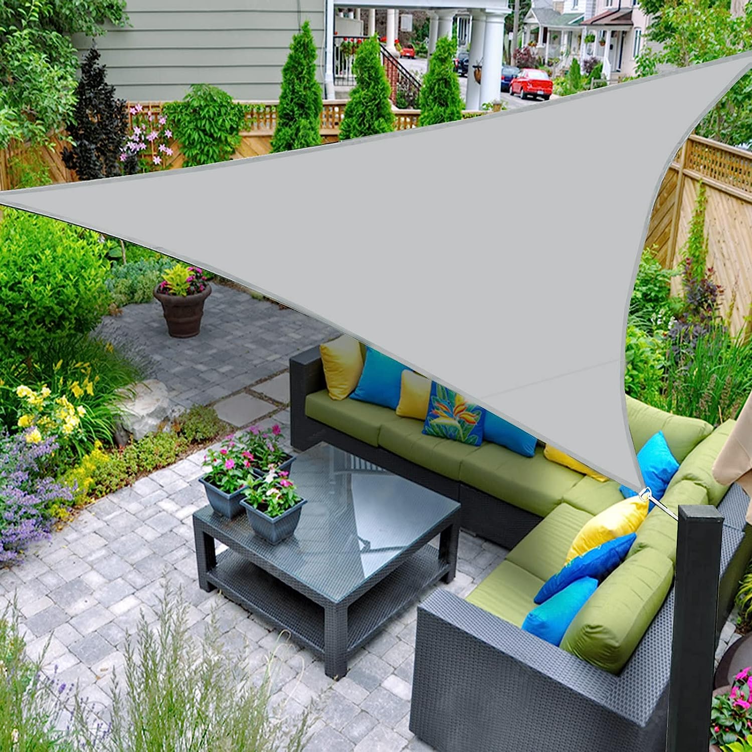 Voile d'ombrage imperméable triangulaire 4x4x5,65m Protection Rayons UV pour Extérieur Terrasse Patio Jardin-Gris - 2