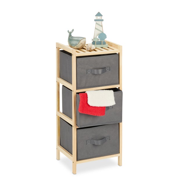 Relaxdays Estantería Baño con 3 Cestas Plegables, Almacenaje, Repisa Pequeña con Cajones, 65x28x25,5 cm, Gris