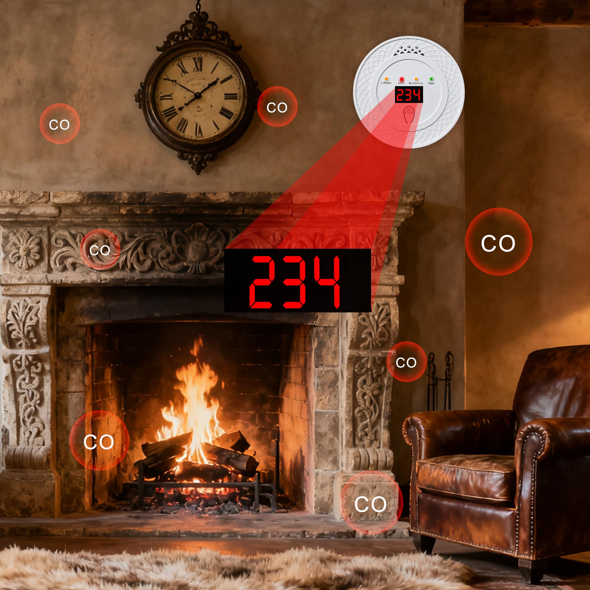 Detector de monóxido de carbono con pantalla LCD y alarma, funciona con pilas, 8,8 x 8,8 x 2,9 cm (pilas no incluidas). - 6